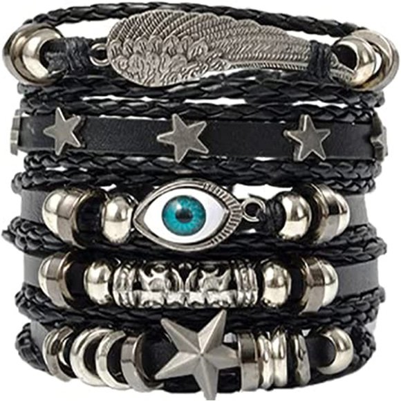 New 5 Piece Women Men Leather Bracelet Black Braided Rope Bracelet Wrist… - Picture 1 of 5